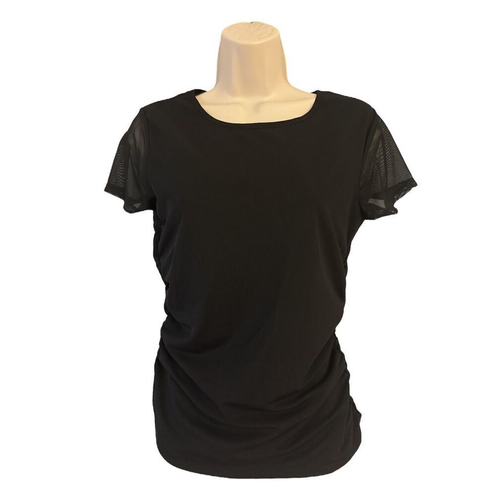 Just Be Women’s Short Sleeve Black Mesh Ruched Top Stretchy Size Medium